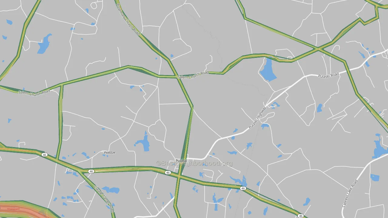 Pulaski, GA Map of Noise Levels in Pulaski