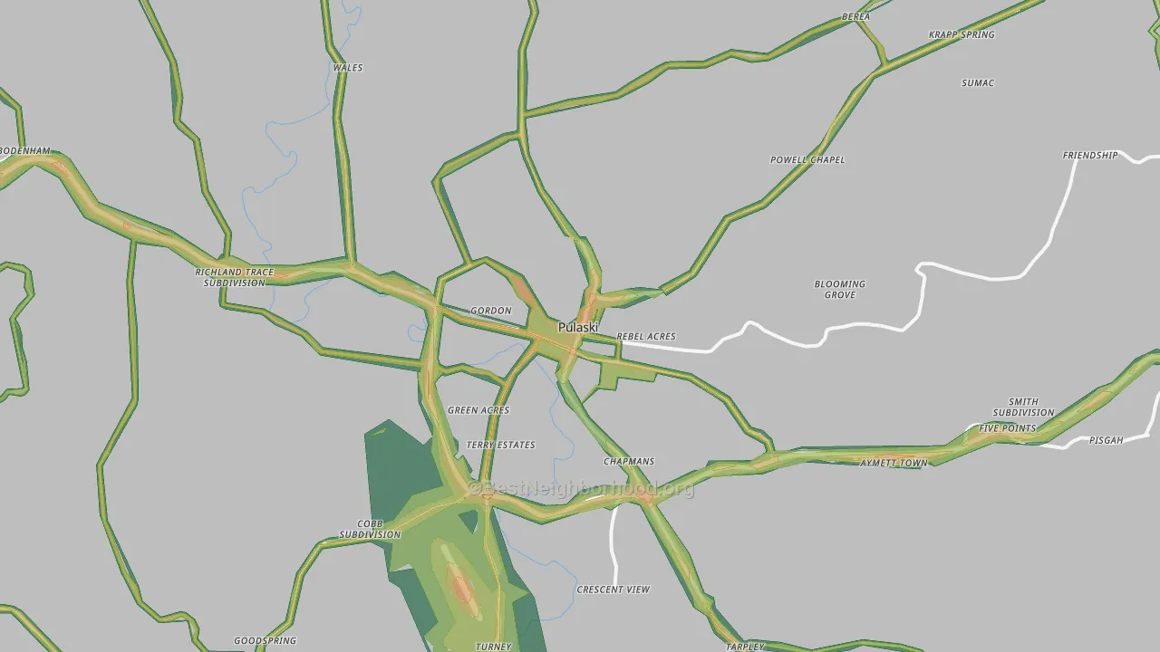 Pulaski, TN Map of Noise Levels in Pulaski