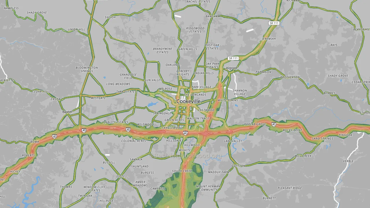 Putnam County, TN Map of Noise Levels in Putnam County