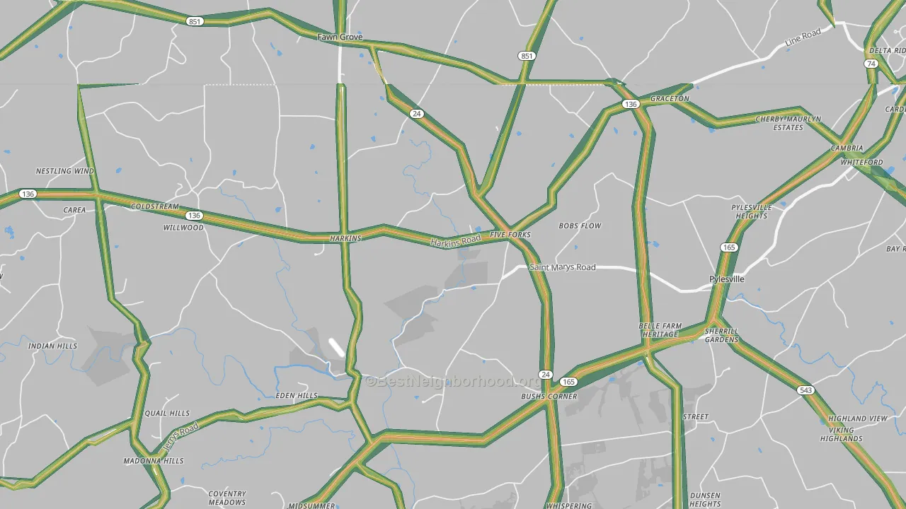 Pylesville, MD Map of Noise Levels in Pylesville
