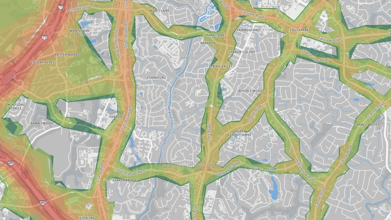 Quail Hollow, Charlotte, NC Map of Noise Levels in Quail Hollow