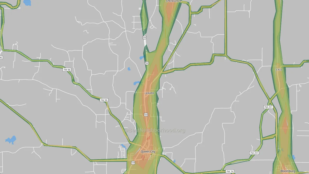 Queen City, TX Map of Noise Levels in Queen City