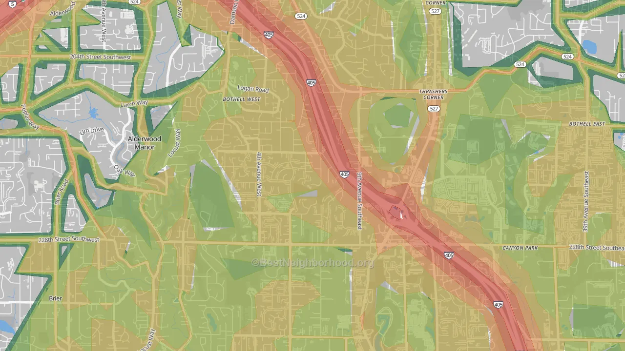 Queensboro-Brentwood-Crystal Spgs, Bothell, WA Map of Noise Levels in Queensboro-Brentwood-Crystal Spgs