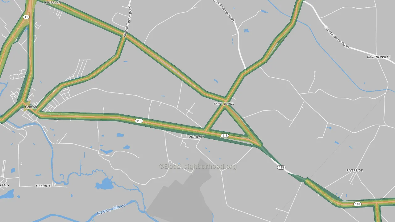Quinerly, NC Map of Noise Levels in Quinerly