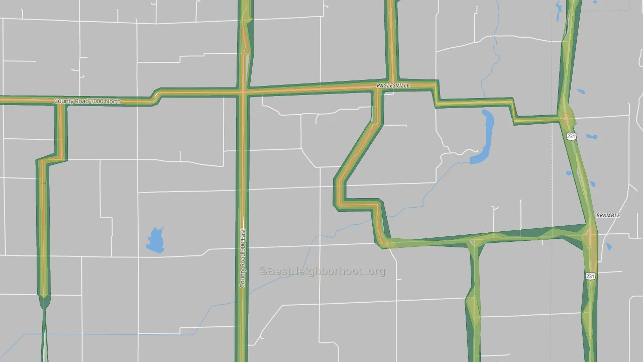 Raglesville, IN Map of Noise Levels in Raglesville