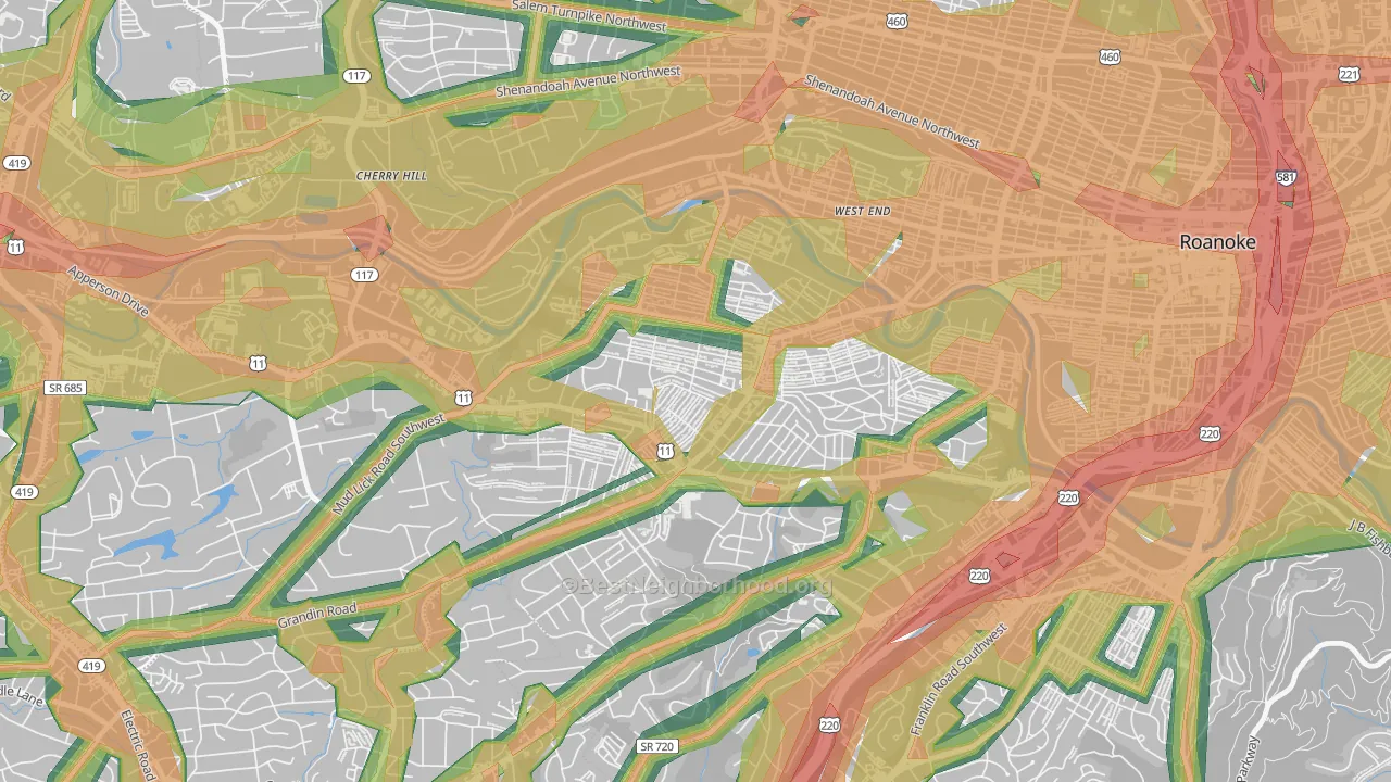 Raleigh Court, Roanoke, VA Map of Noise Levels in Raleigh Court