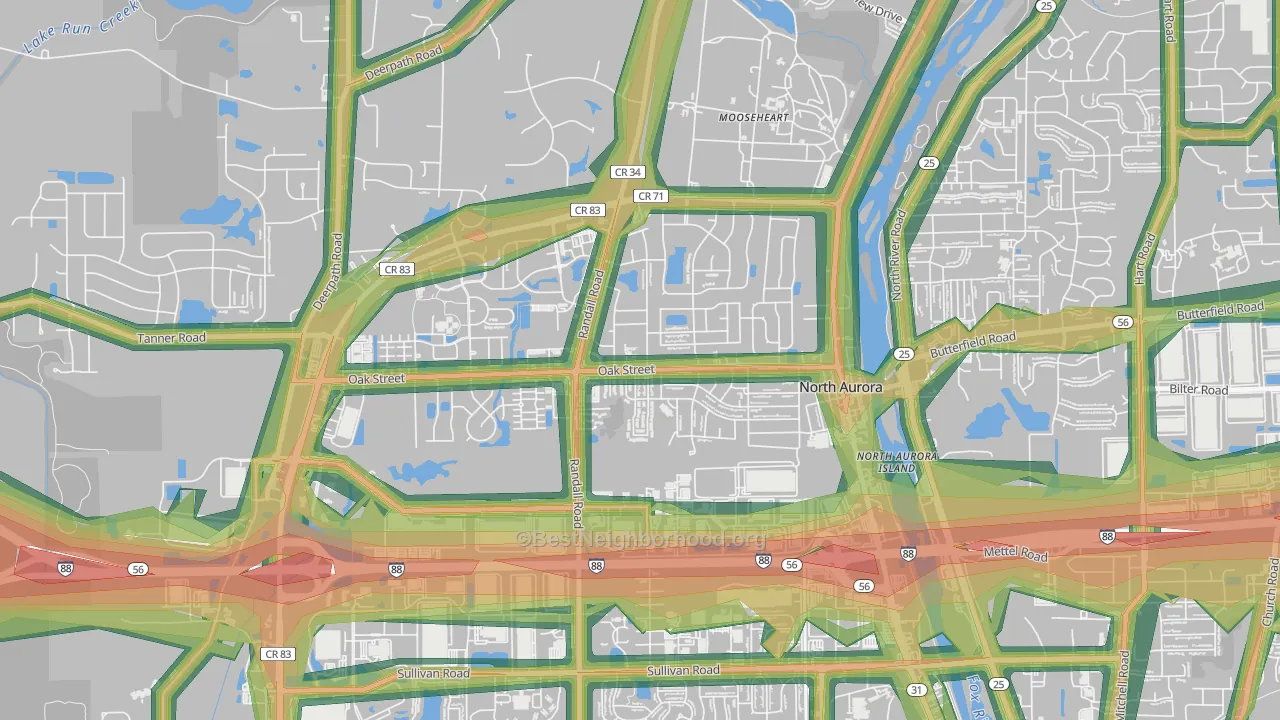 Randall Hills, North Aurora, IL Map of Noise Levels in Randall Hills