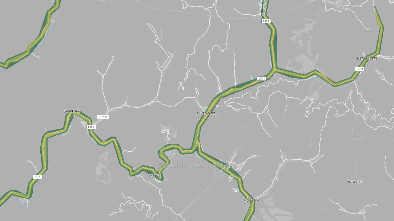 Ravencliff, WV Map of Noise Levels in Ravencliff
