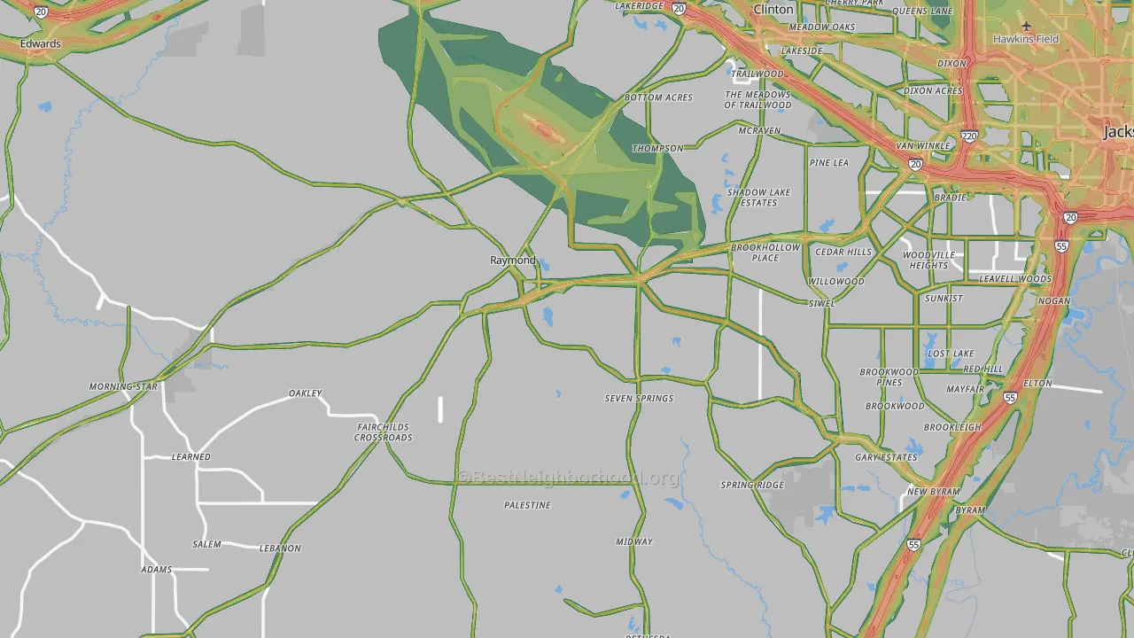 Raymond, MS Map of Noise Levels in Raymond