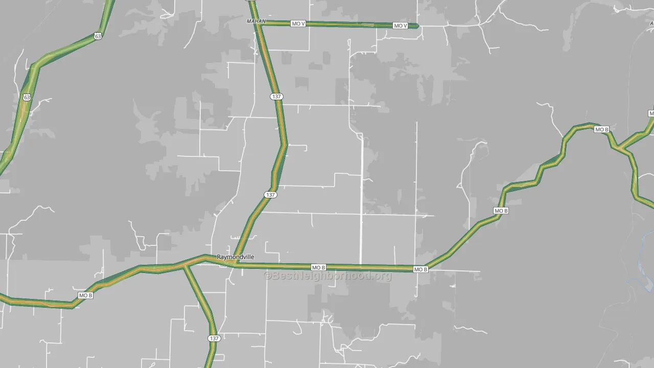 Raymondville, MO Map of Noise Levels in Raymondville