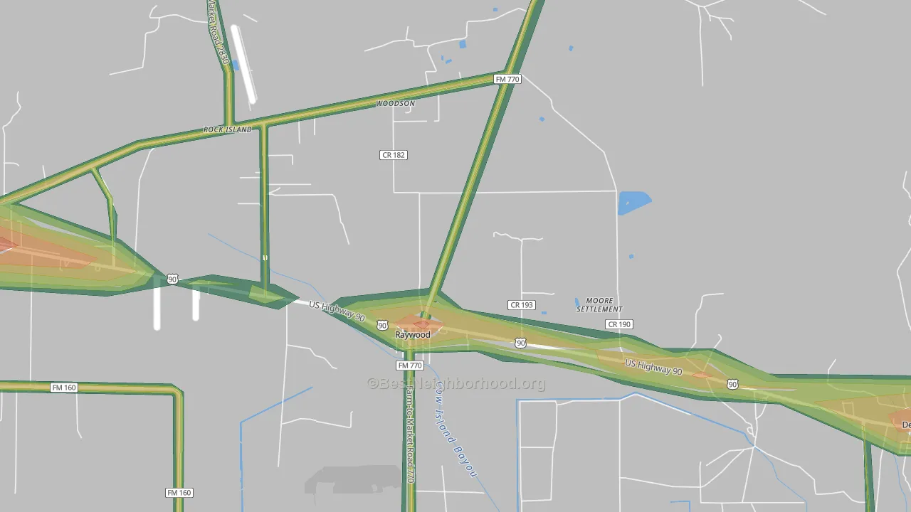 Raywood, TX Map of Noise Levels in Raywood