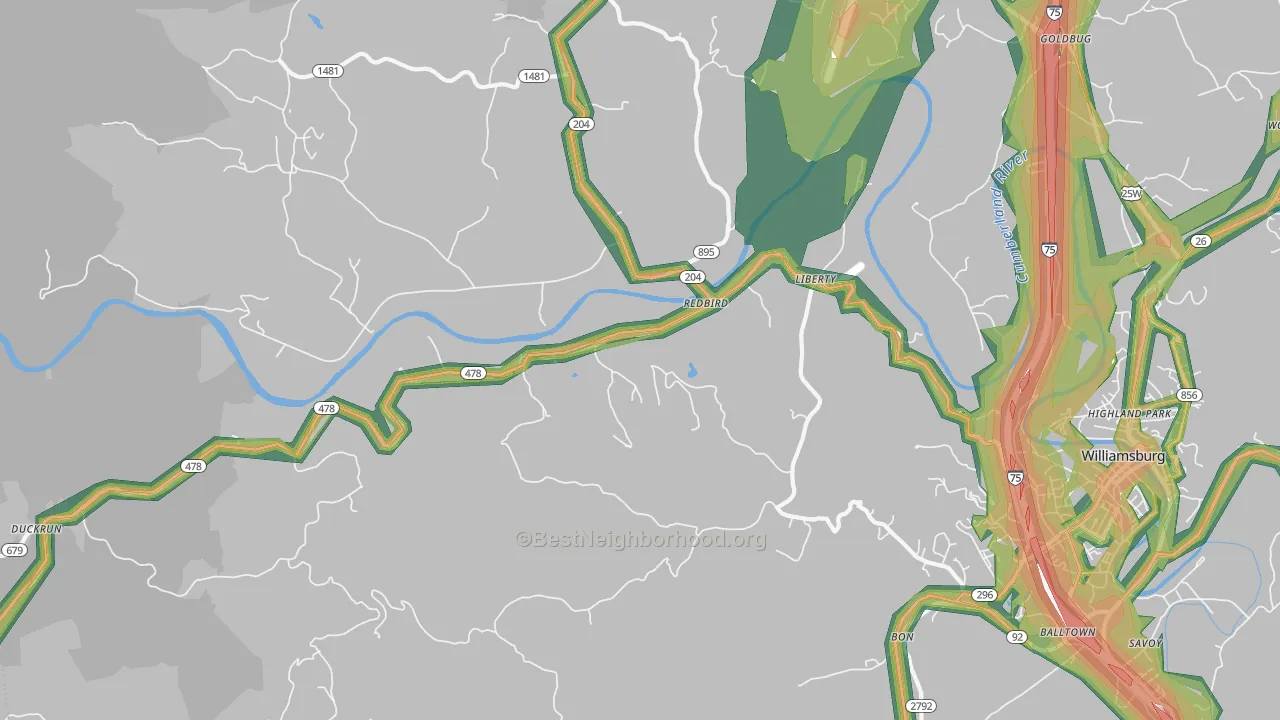Redbird, KY Map of Noise Levels in Redbird