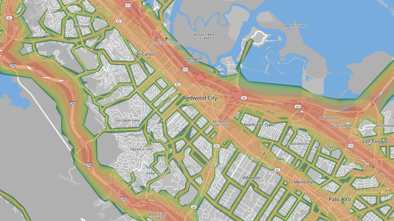 Redwood City, CA Map of Noise Levels in Redwood City