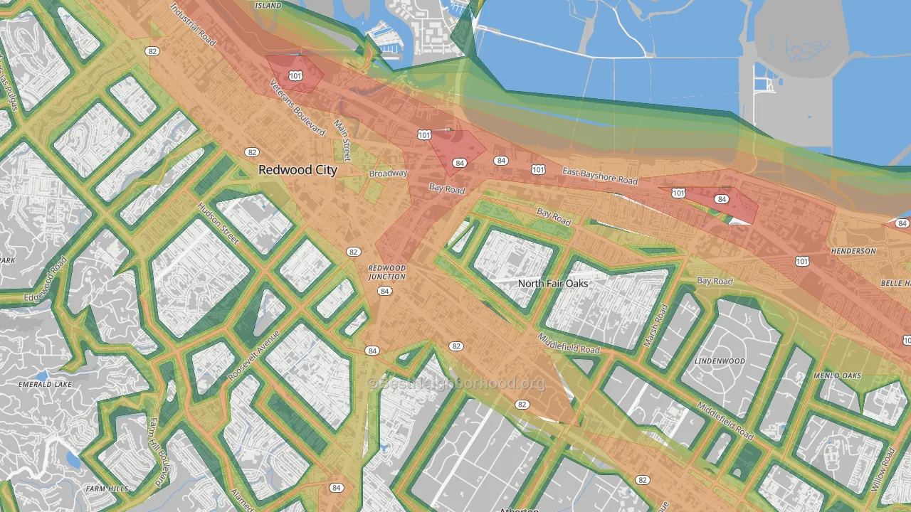 Redwood Village, Redwood City, CA Map of Noise Levels in Redwood Village