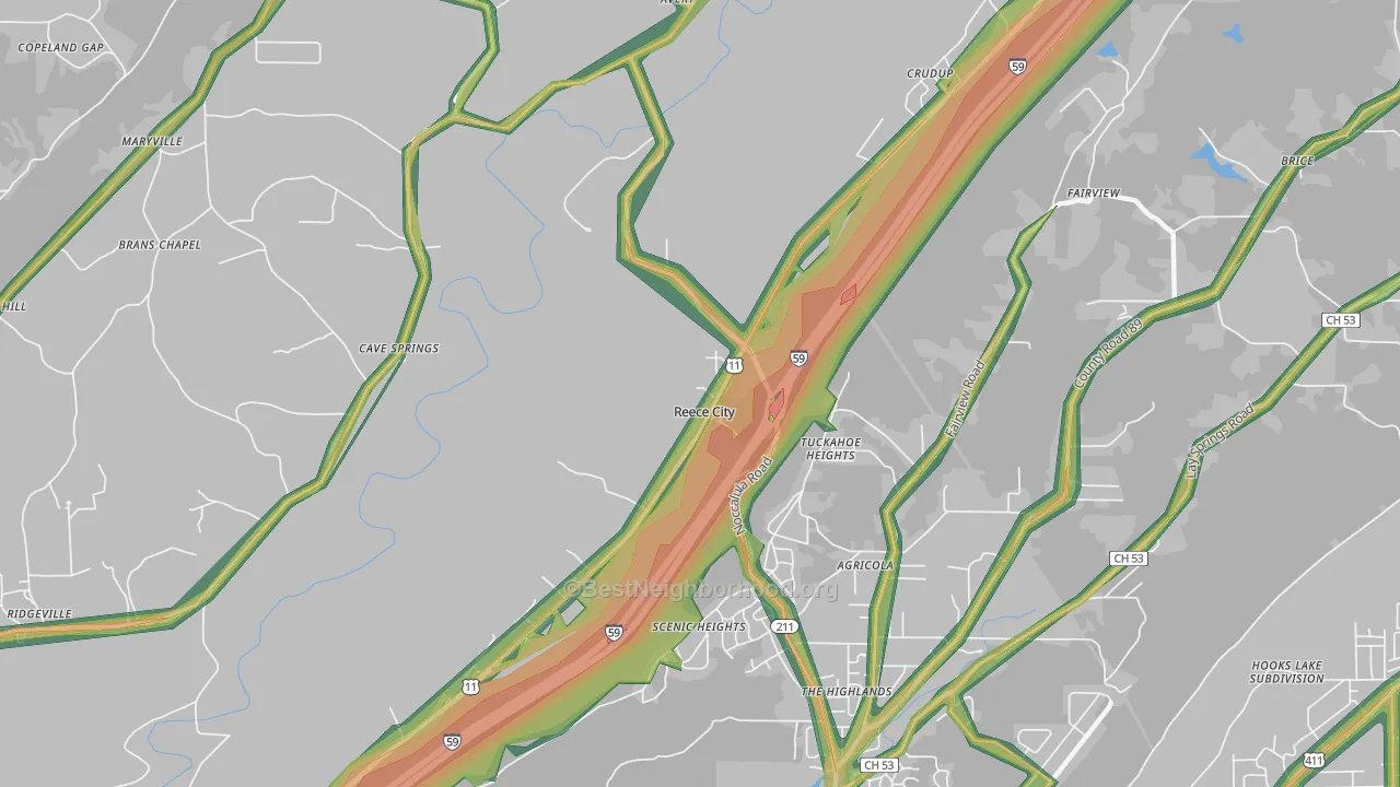 Reece City, AL Map of Noise Levels in Reece City
