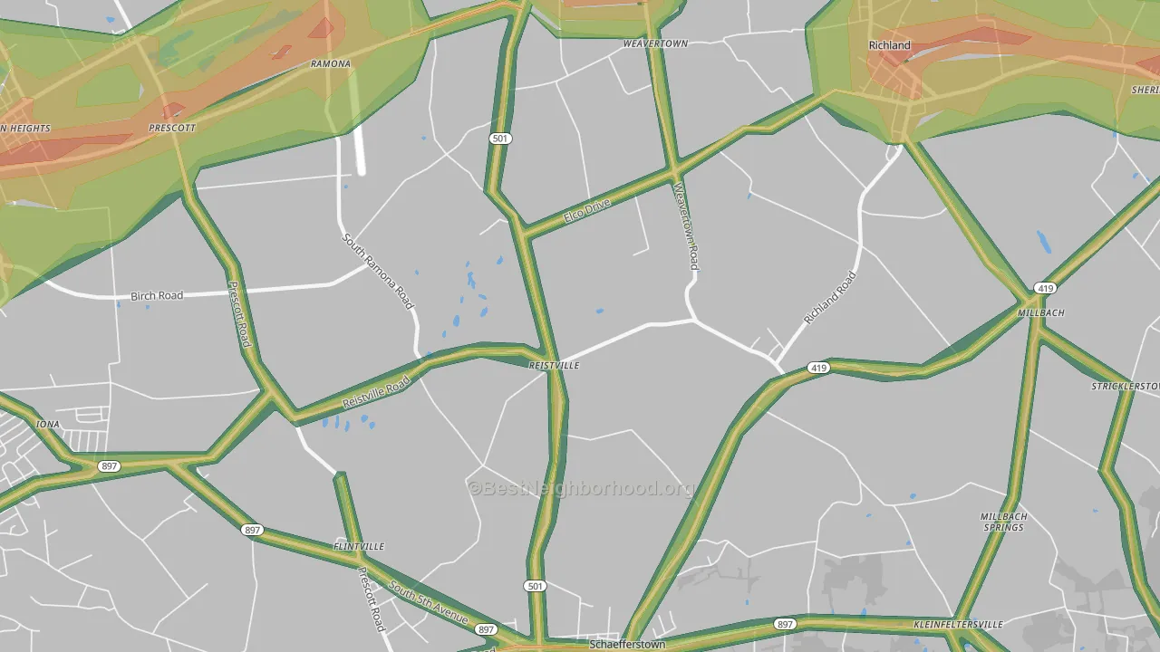 Reistville, PA Map of Noise Levels in Reistville