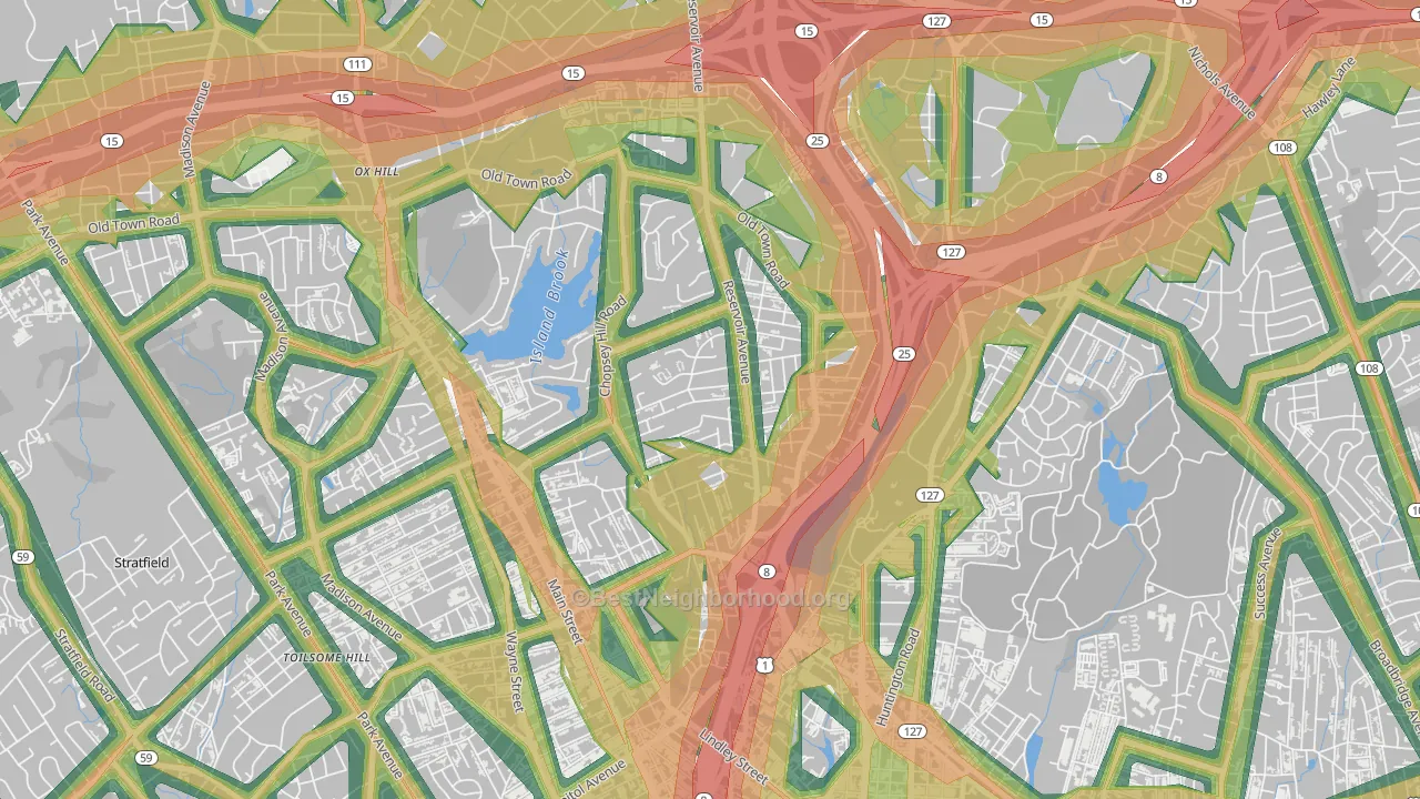 Reservoir-Whiskey Hill, Bridgeport, CT Map of Noise Levels in Reservoir-Whiskey Hill