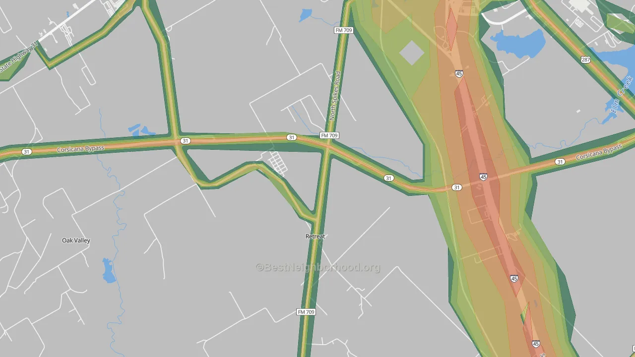 Retreat, TX Map of Noise Levels in Retreat