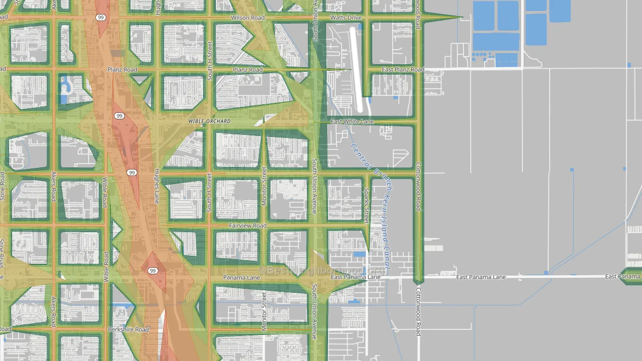 Rexland Acres, Bakersfield, CA Map of Noise Levels in Rexland Acres