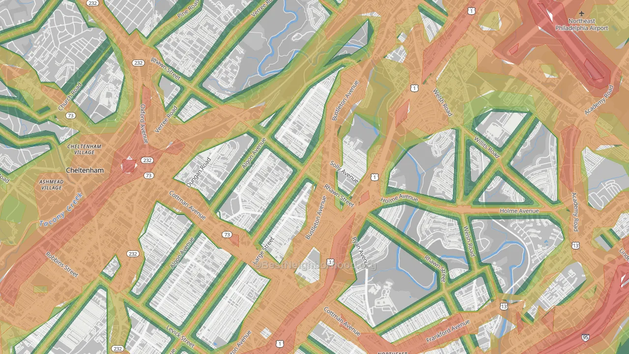 Rhawnhurst, Philadelphia, PA Map of Noise Levels in Rhawnhurst