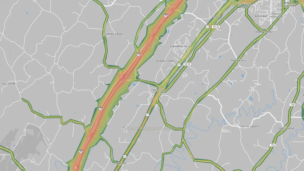 Riceville, TN Map of Noise Levels in Riceville
