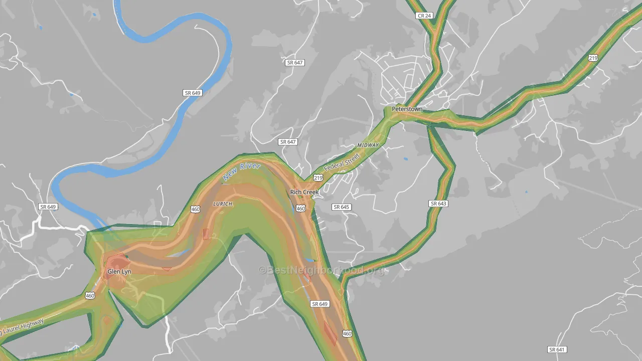 Rich Creek, VA Map of Noise Levels in Rich Creek