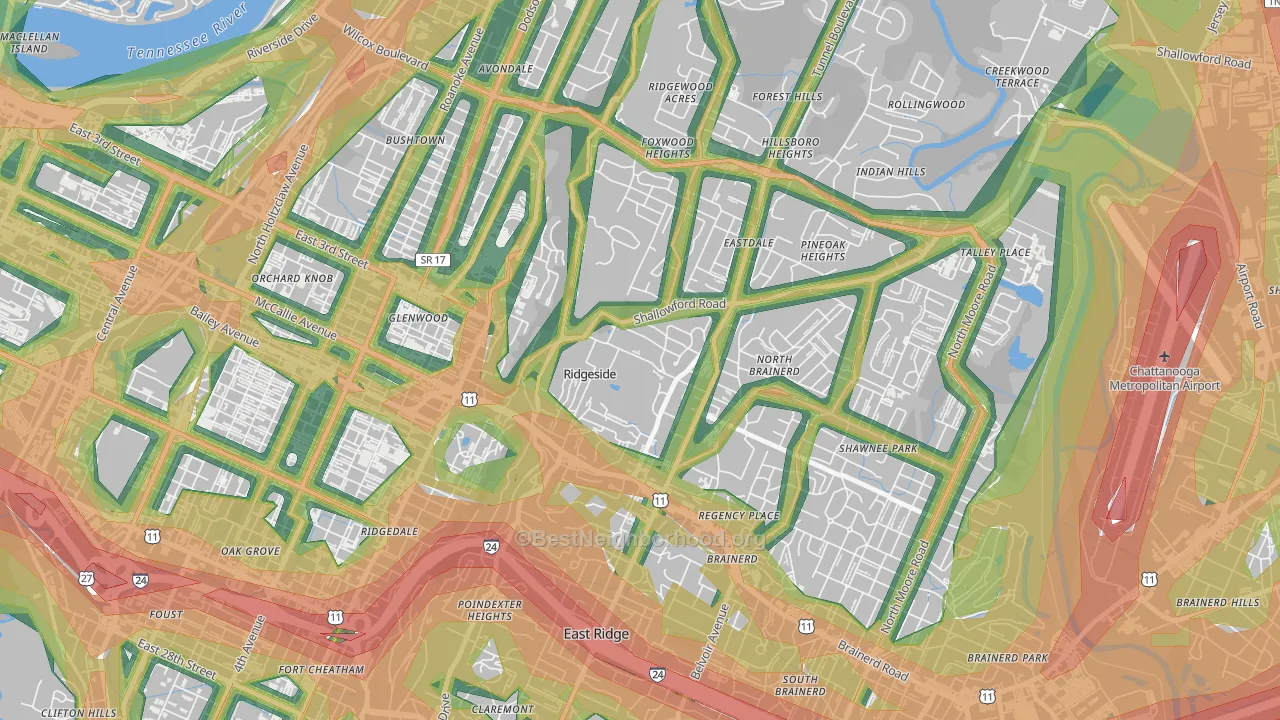 Ridgeside, TN Map of Noise Levels in Ridgeside