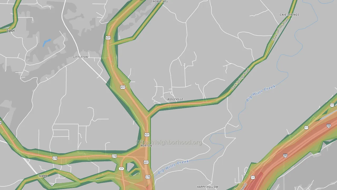 Ridgeville, AL Map of Noise Levels in Ridgeville