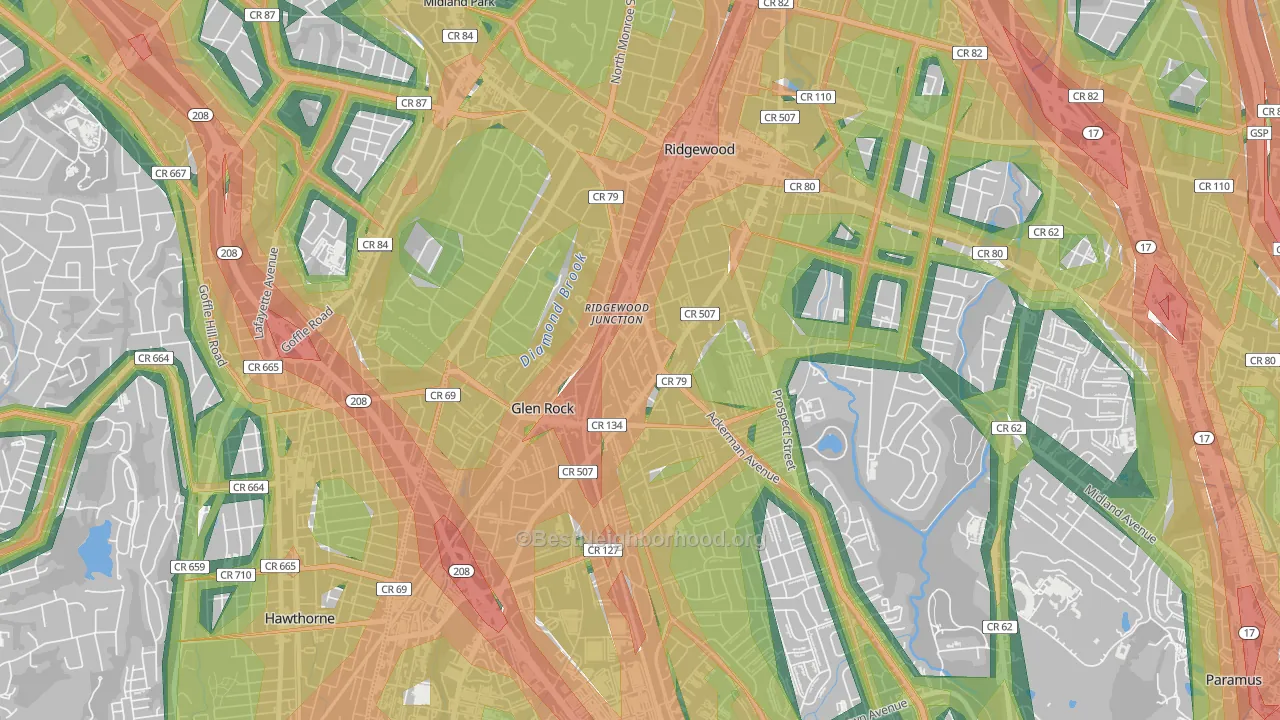Ridgewood Junction, Glen Rock, NJ Map of Noise Levels in Ridgewood Junction