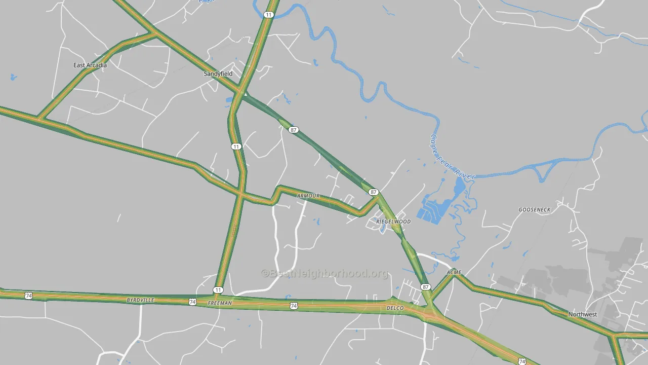 Riegelwood, NC Map of Noise Levels in Riegelwood