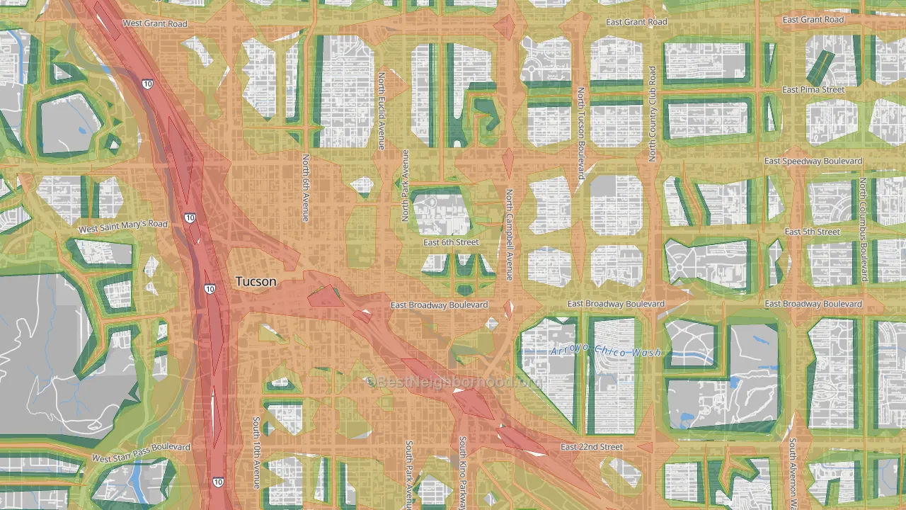 Rincon Heights, Tucson, AZ Map of Noise Levels in Rincon Heights