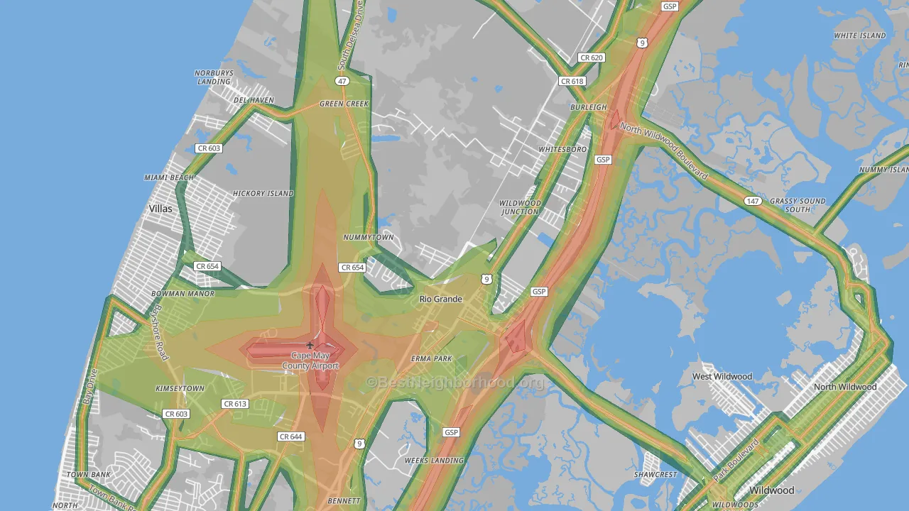 Rio Grande, NJ Map of Noise Levels in Rio Grande