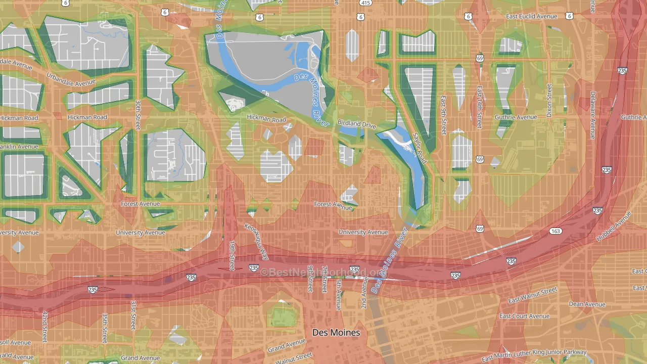 River Bend, Des Moines, IA Map of Noise Levels in River Bend