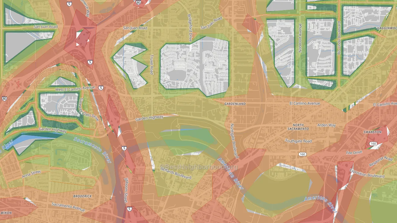 River Gardens, Sacramento, CA Map of Noise Levels in River Gardens