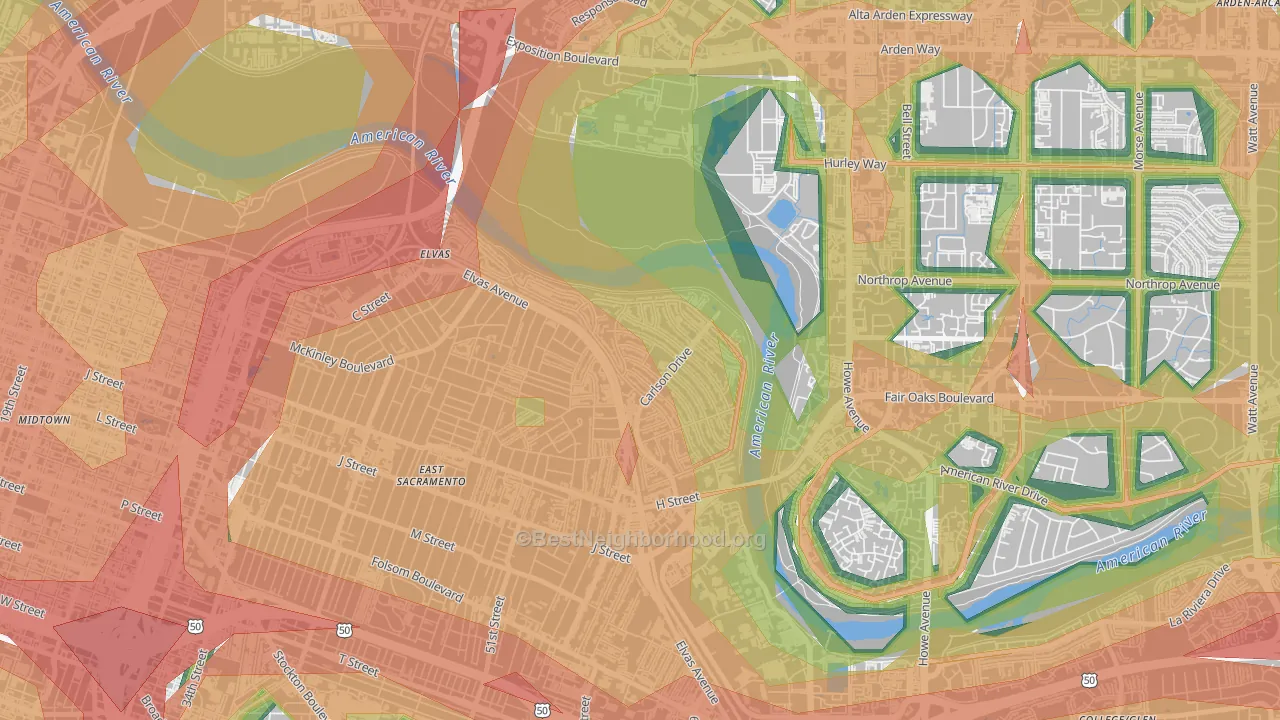 River Park, Sacramento, CA Map of Noise Levels in River Park