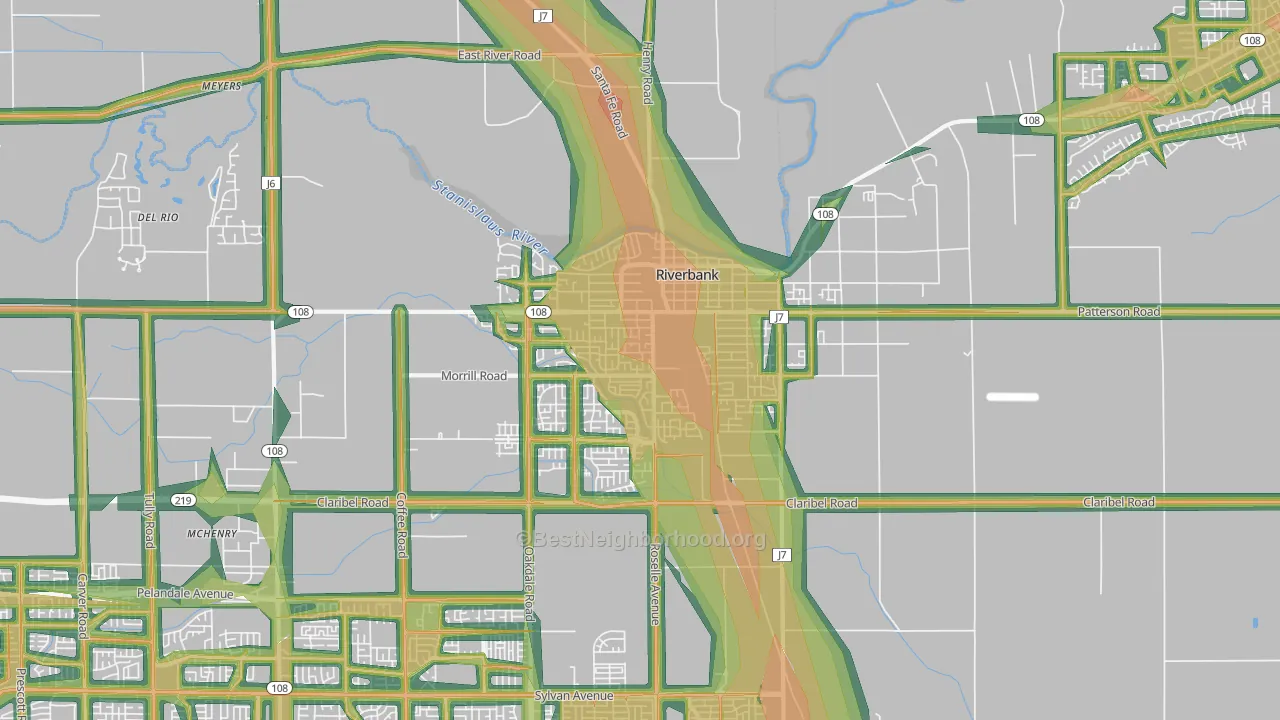 Riverbank, CA Map of Noise Levels in Riverbank