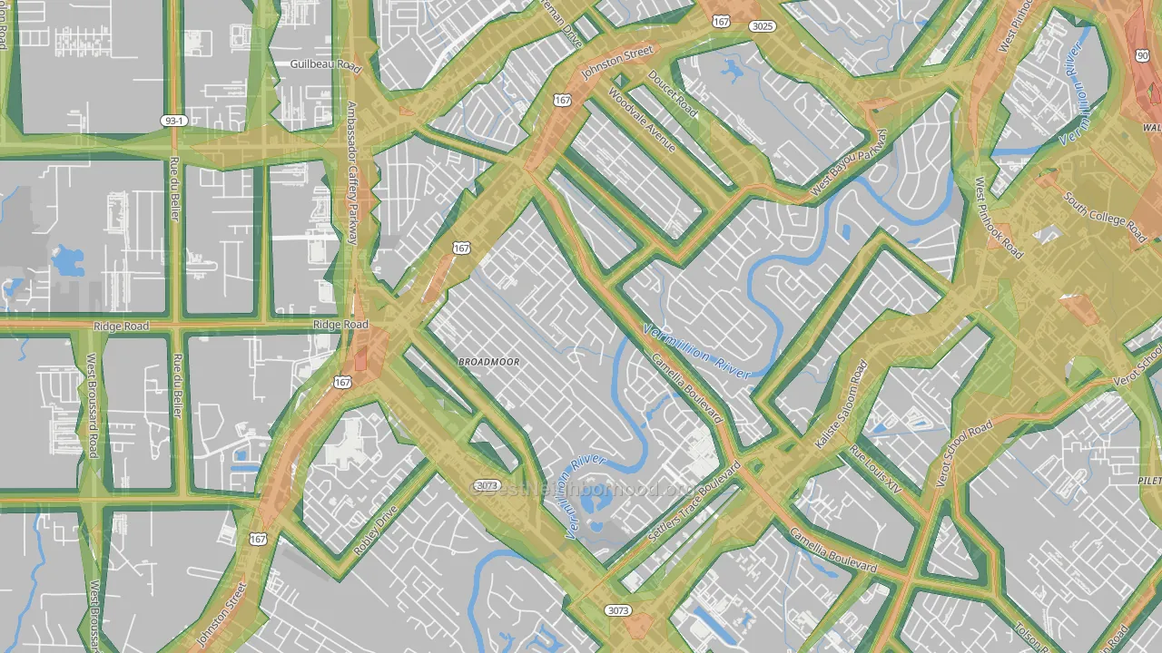 Rivers Bend Estates, Lafayette, LA Map of Noise Levels in Rivers Bend Estates