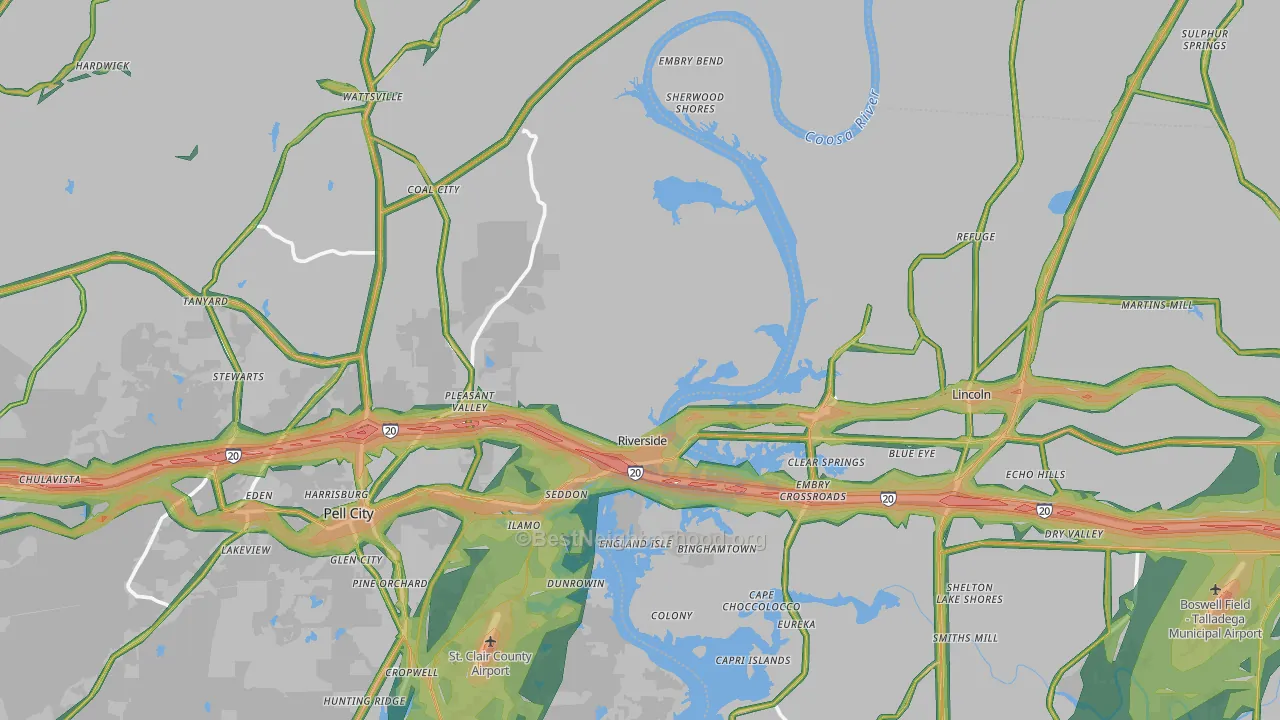 Riverside, AL Map of Noise Levels in Riverside