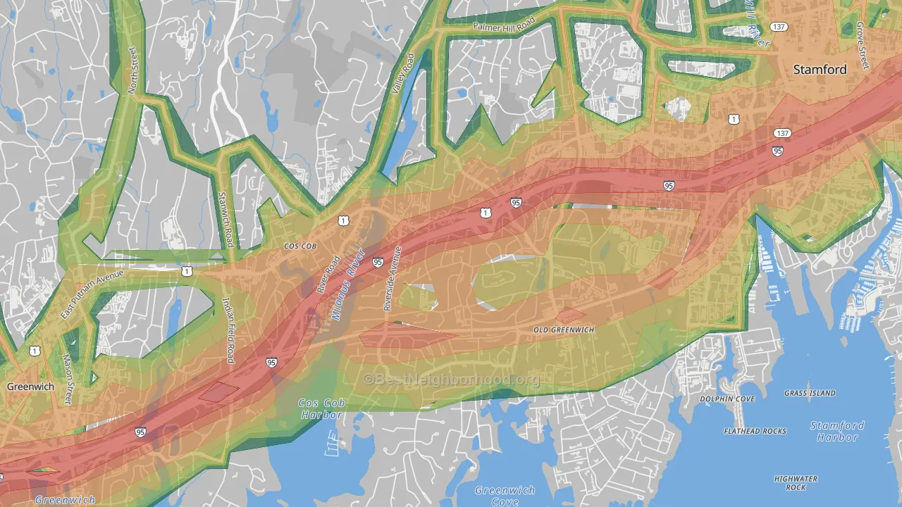Riverside, CT Map of Noise Levels in Riverside