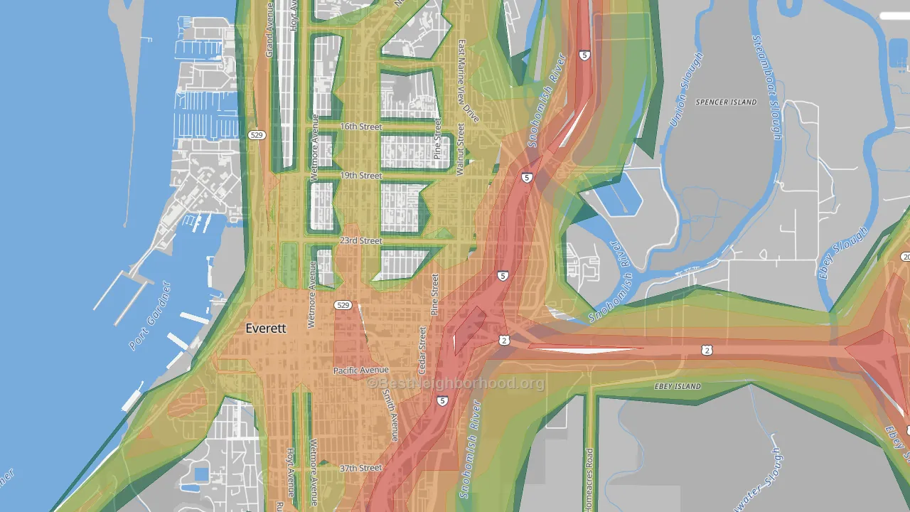 Riverside-Everett, Everett, WA Map of Noise Levels in Riverside-Everett