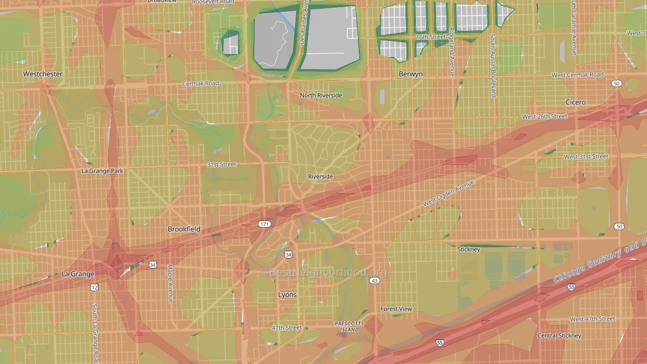 Riverside, IL Map of Noise Levels in Riverside