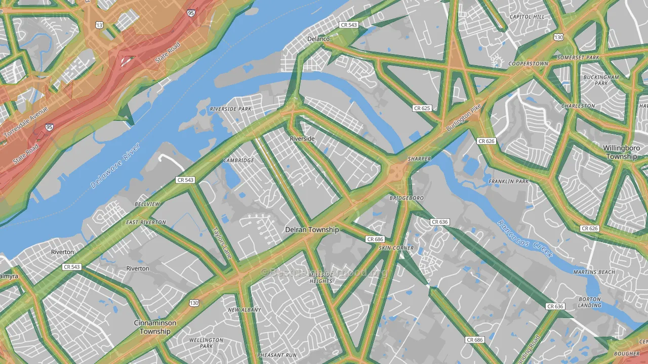 Riverside, NJ Map of Noise Levels in Riverside