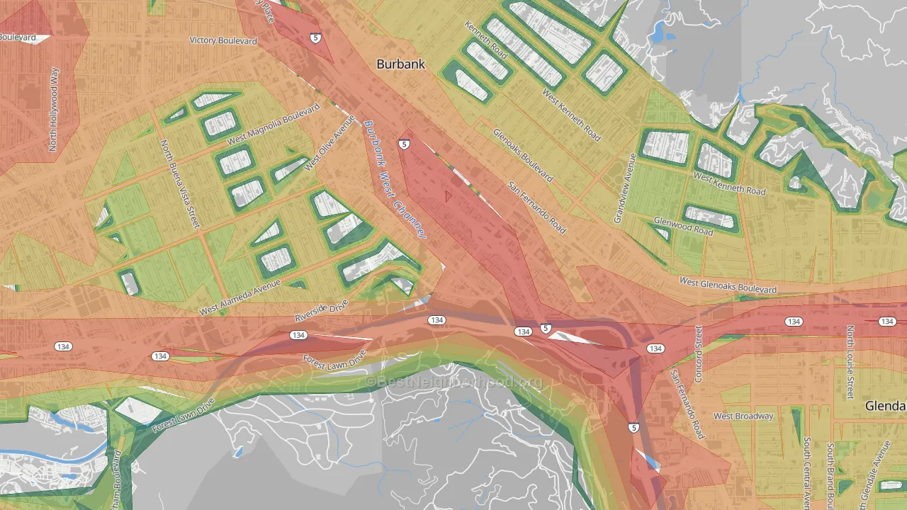 Riverside Rancho, Glendale, CA Map of Noise Levels in Riverside Rancho