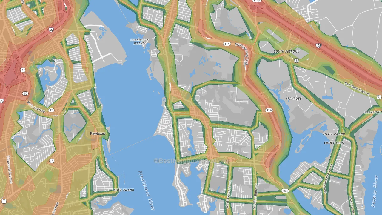 Riverside, RI Map of Noise Levels in Riverside