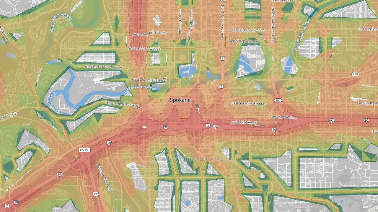 Riverside, Spokane, WA Map of Noise Levels in Riverside