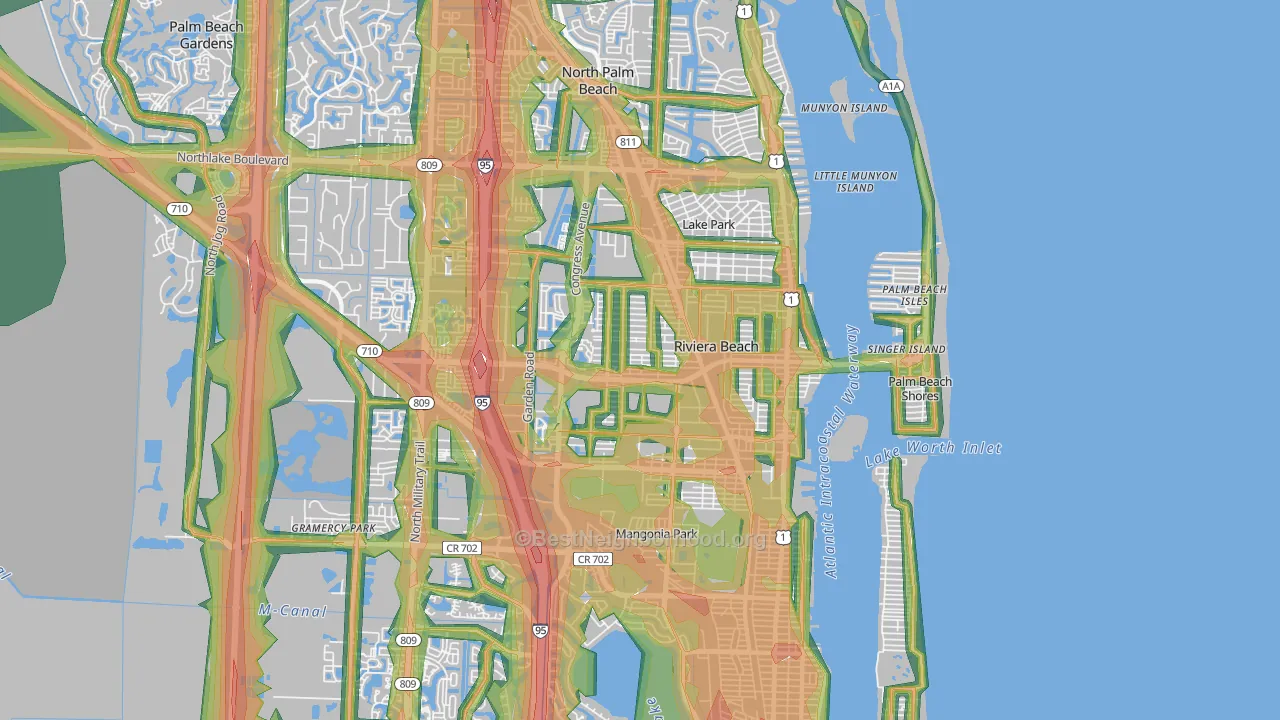 Riviera Beach, FL Map of Noise Levels in Riviera Beach
