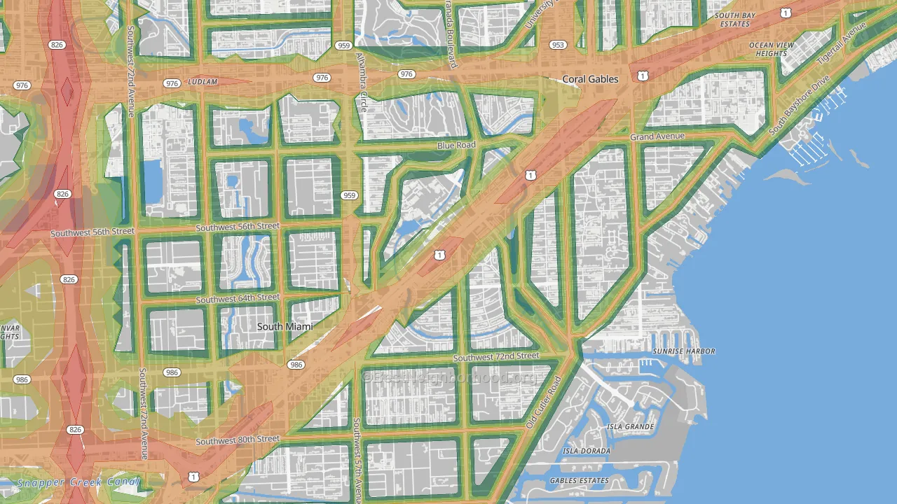 Riviera, Coral Gables, FL Map of Noise Levels in Riviera