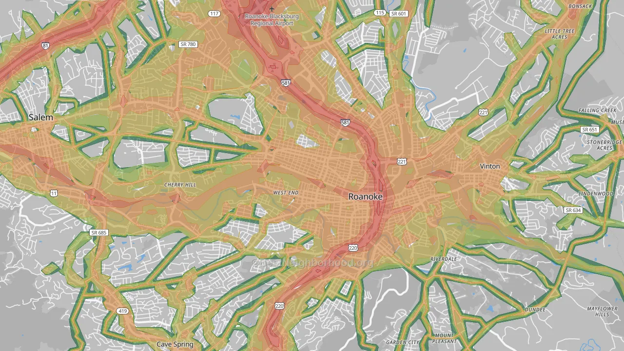 Roanoke City, VA Map of Noise Levels in Roanoke City