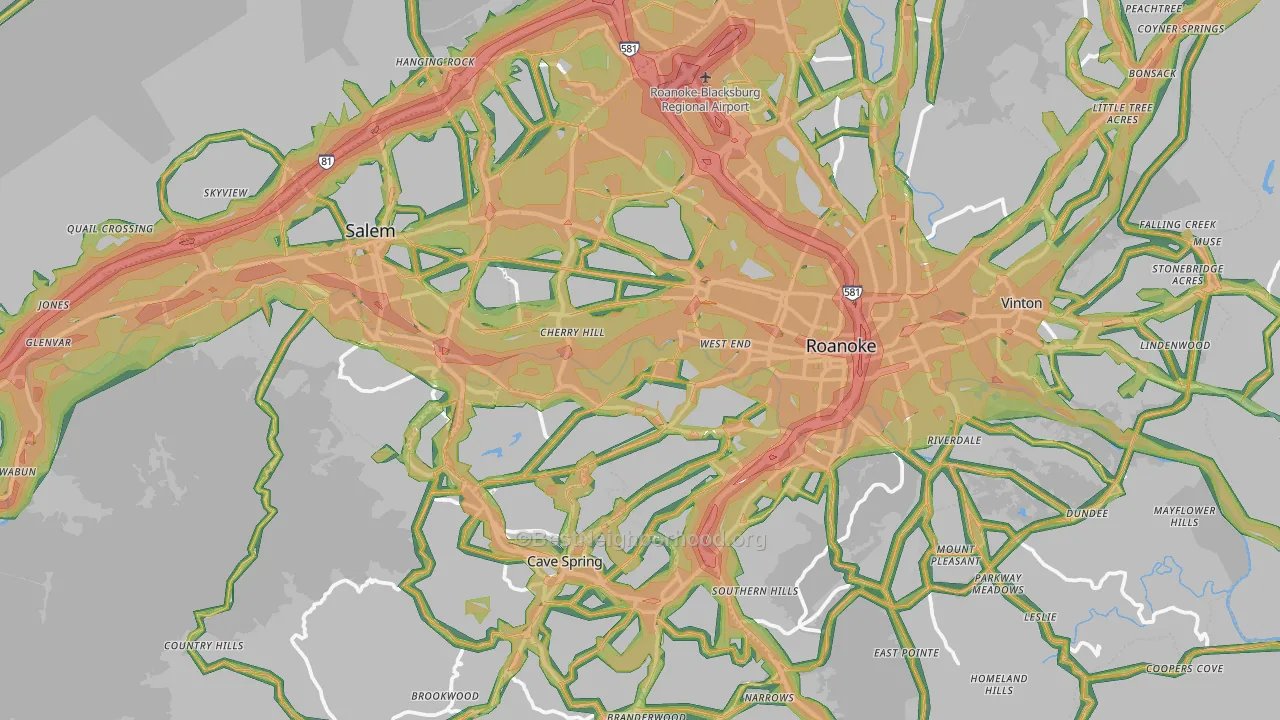 Roanoke County, VA Map of Noise Levels in Roanoke County