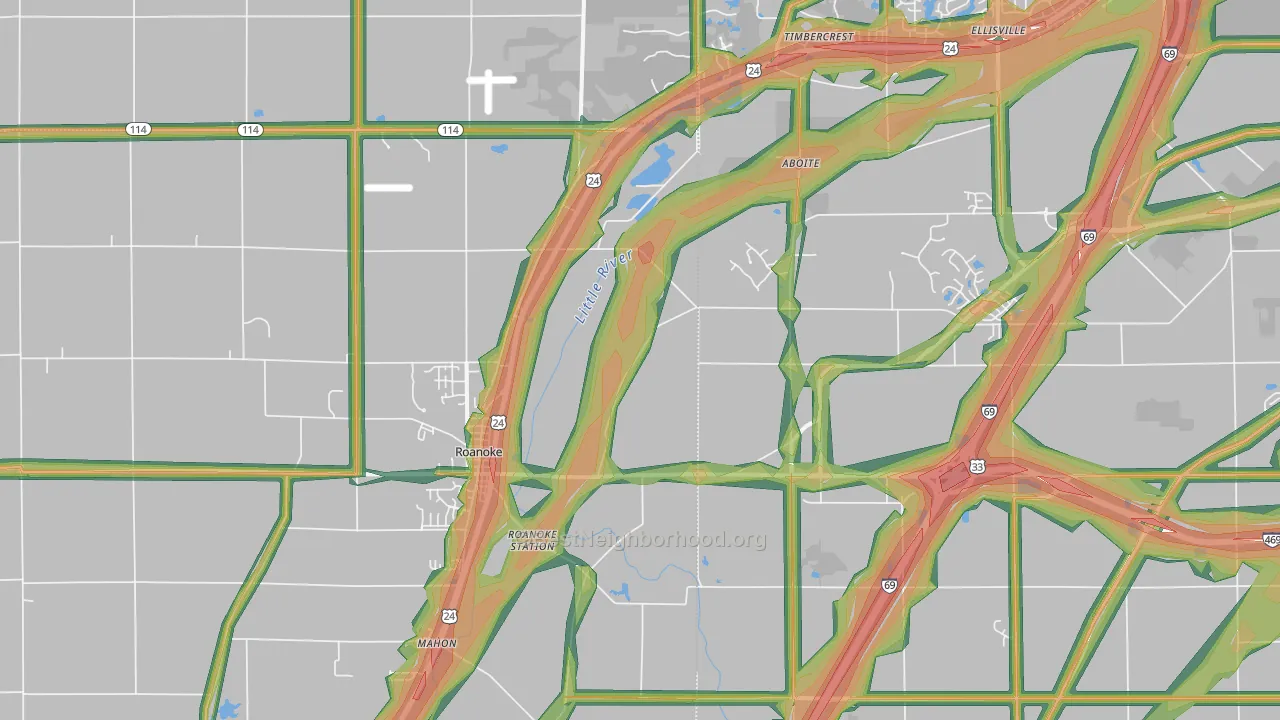 Roanoke, IN Map of Noise Levels in Roanoke